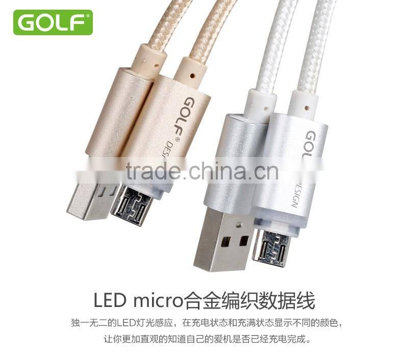 GOLF 1M LED Light Metal nylon weave cable for android mobile phone 2.1A Micro USB Quick charging and data cable
