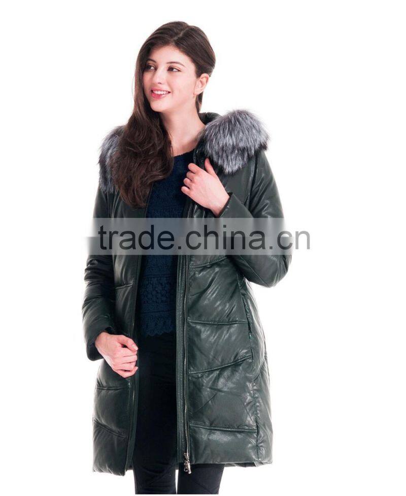 Winter Women Medium Length Slim Fit Leather Coat With Silver fox Hat Overcoat