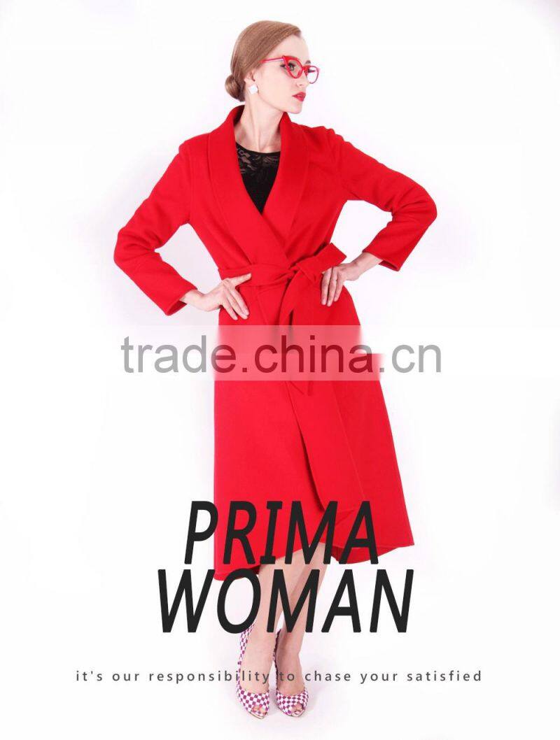 2016 New Design Spring Women Length Slim Fit Wool Coat With Belt