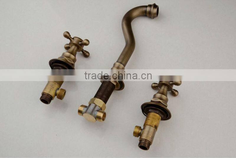 Double Handle 3 Hole Antique Wall-mounted Brass Copper Basin Faucet Tap QH001-22A