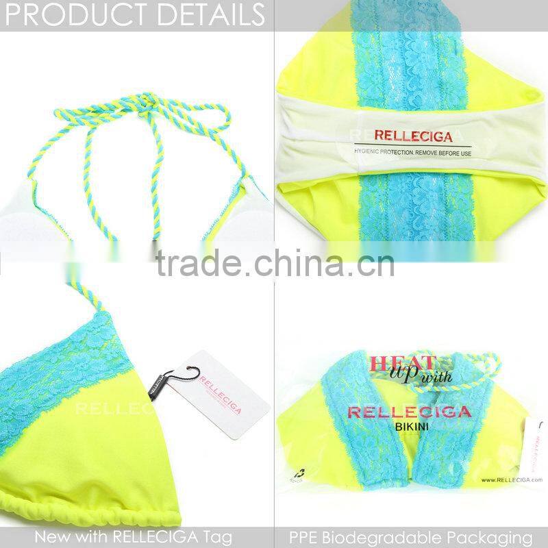 2016 RELLECIGA New Neon Yellow + Blue Floral Lace Bikini Swimsuit with Triangle Top and Brazilian Cut Scrunch B