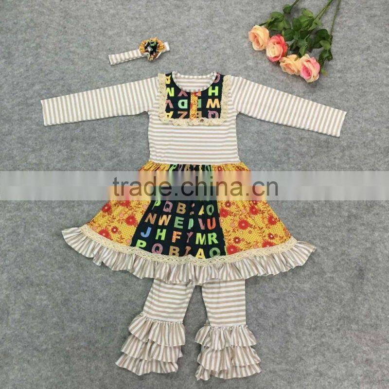 2015 yiwu koya factory wholesale pumpkin halloween girls fall boutique outfit white top hairbow ruffle pant set boutique outfits
