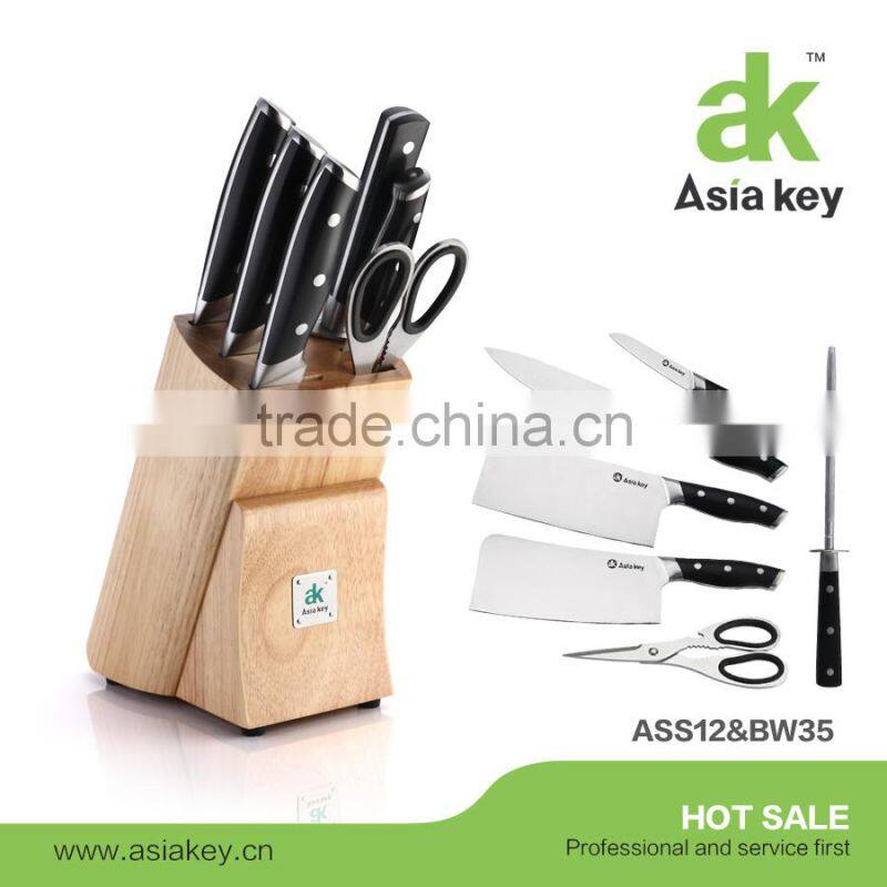 6Pcs Stainless Steel Kitchen Knife Set, Wooden Block Sharpener