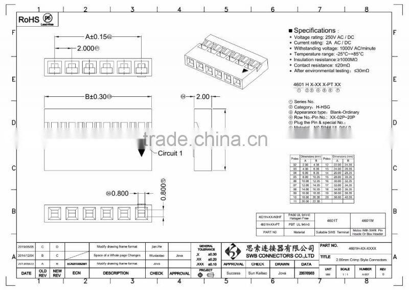 2.0mm Pitch Wire to board electronic connectors DUPON replacement