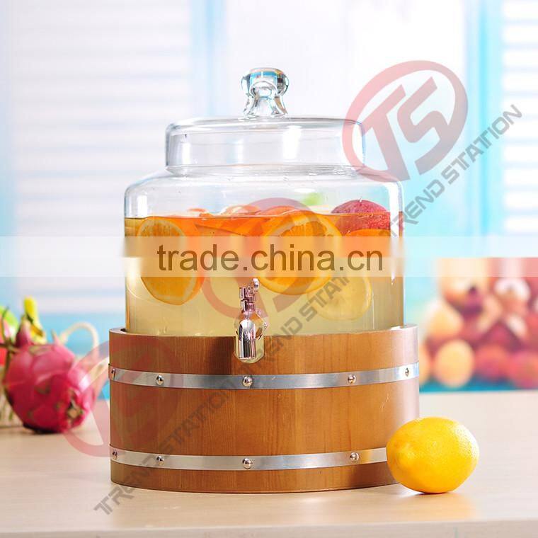 Glass beverage dispenser set of 2 with spigot and wooden stand