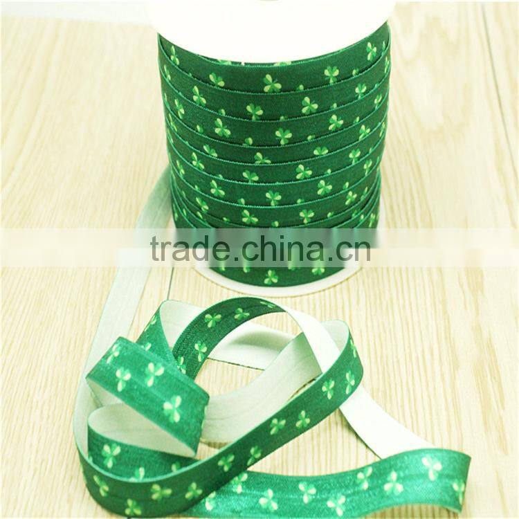 Wholesale print clover fold over elastic hair tie ,5/8'' FOE headband hairbands,50yards in spool