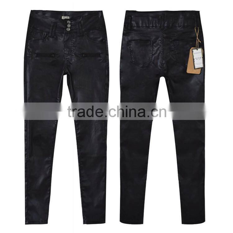 2016 Autumn Fashion Women Metal Button Belt Loop Black Sexy Tight Trousers Ladies High Waist PU Leather Skinny Slimming Pants