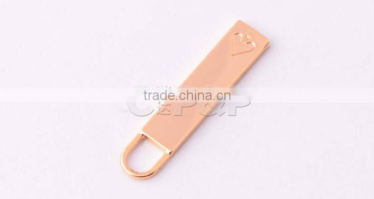 Noble design long piece golden zipper with embossed hearts