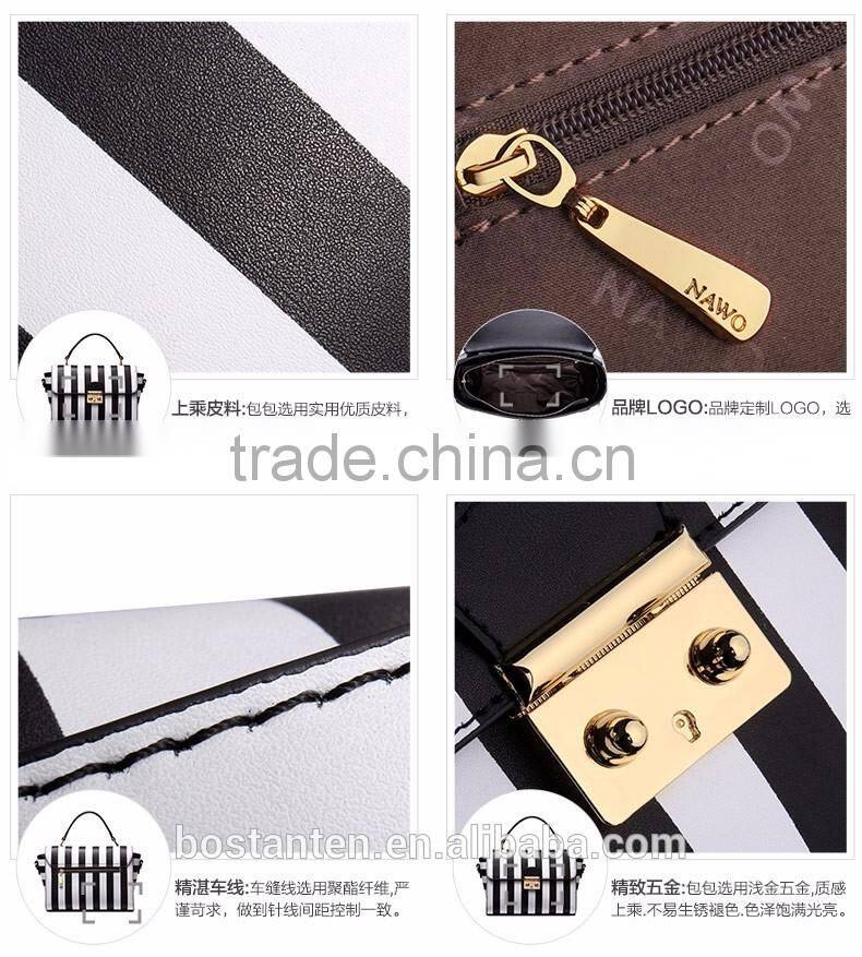 Striped design women handbag leather tote bag lock metal buckle