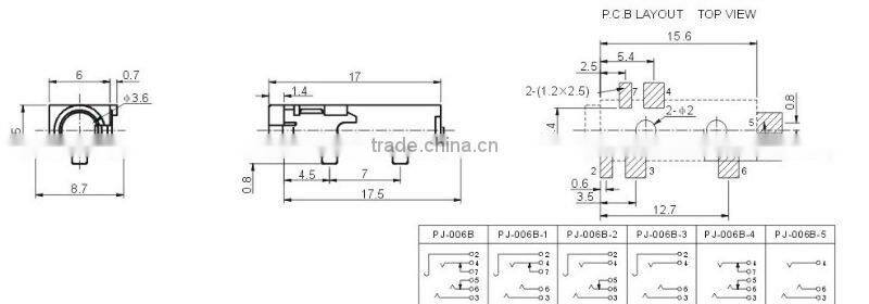 3.6mm phone jack PJ-006B-SMD,female,audio jack