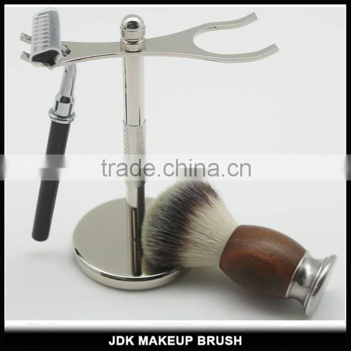 Custom Metal Stand Shaving kit Wood and metal handle nylon shaving brush set with Razor