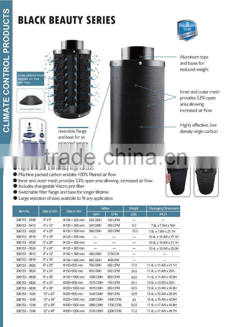 Switchable Flange & Base Hydroponics Odor Control 4inch / 5inch / 6inch / 8inch / 10inch / 12inch Activated Carbon Air Filter