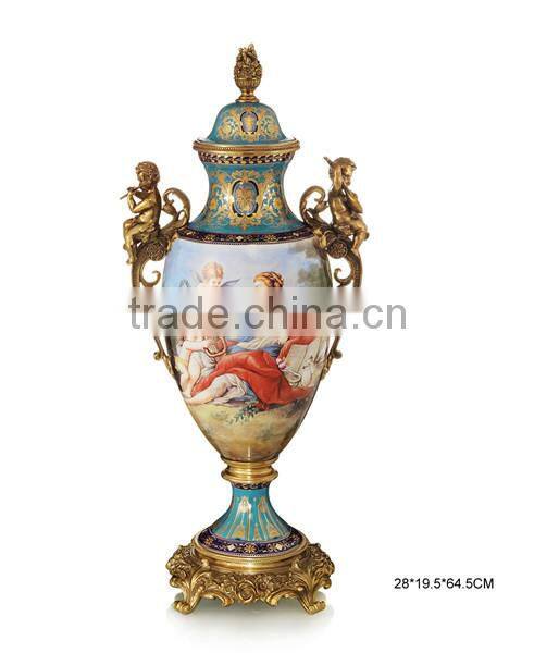 European Character Style Ceramic Egg Shaped Jar Box, Elegant Porcelain With Brass Prize Cup, Figure Design Footed Jar With Lid
