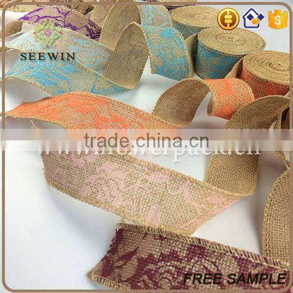 high quality raw natural jute italian ribbon with rose pattern for sales
