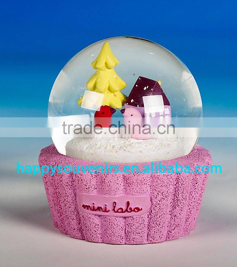 vivid 3D house, tree and birds with purple base snow globe diameter 65mm