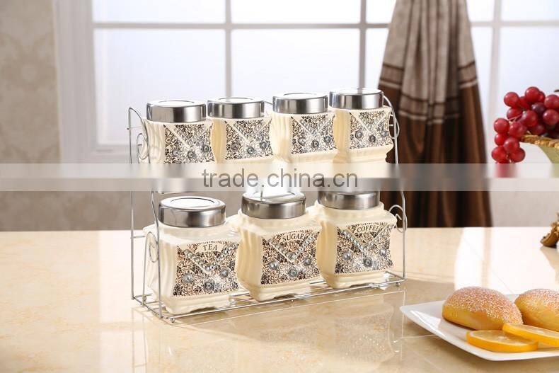 ceramic porcelain canister,ceramic canister set,storage jar, with stainless metal stand