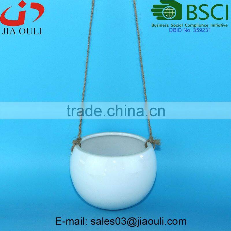 BSCI Audit Factory handle shape ceramic hanging basket planter, plant pot stand with hanger