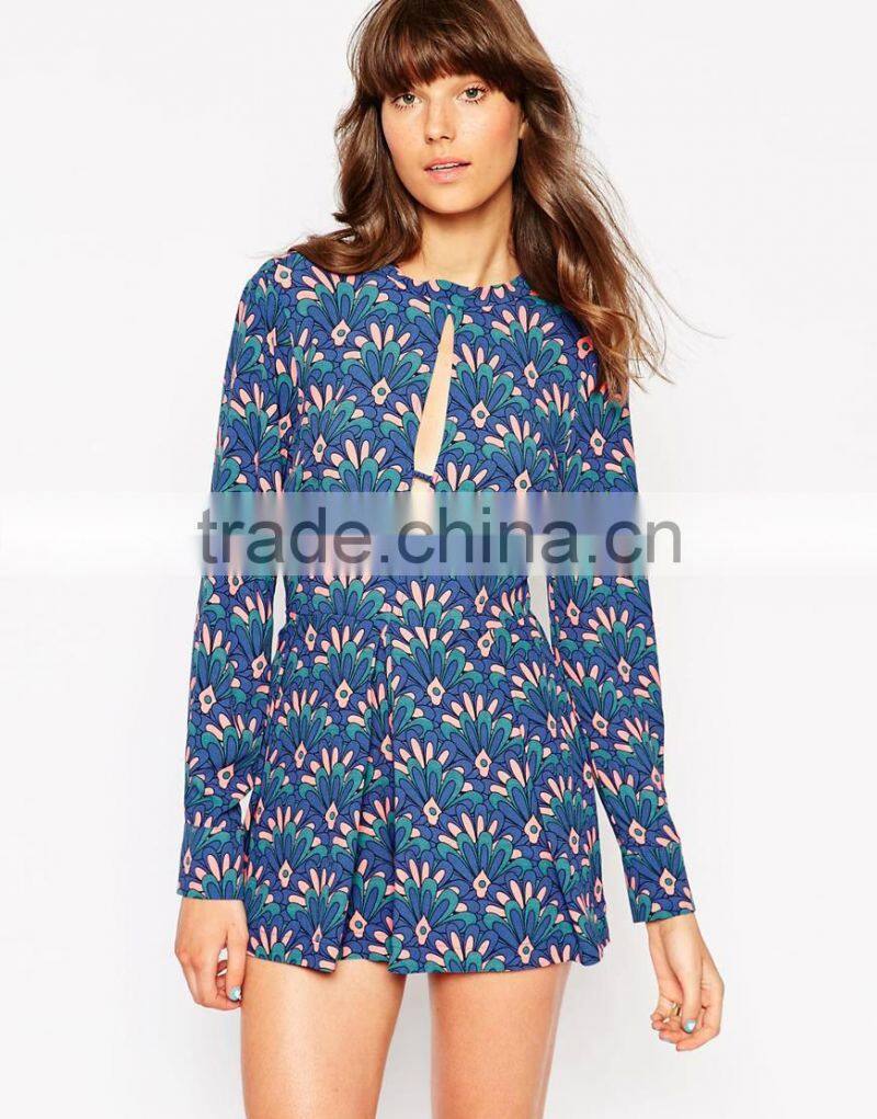 2015 fashionable hot sale OEM customized Jackie Romper in Fan Print