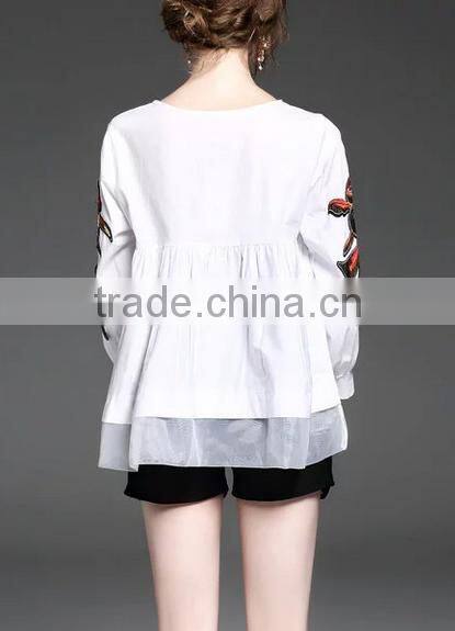 2017 summer newest fashion round neck long sleeve blouse with patch on sleeve