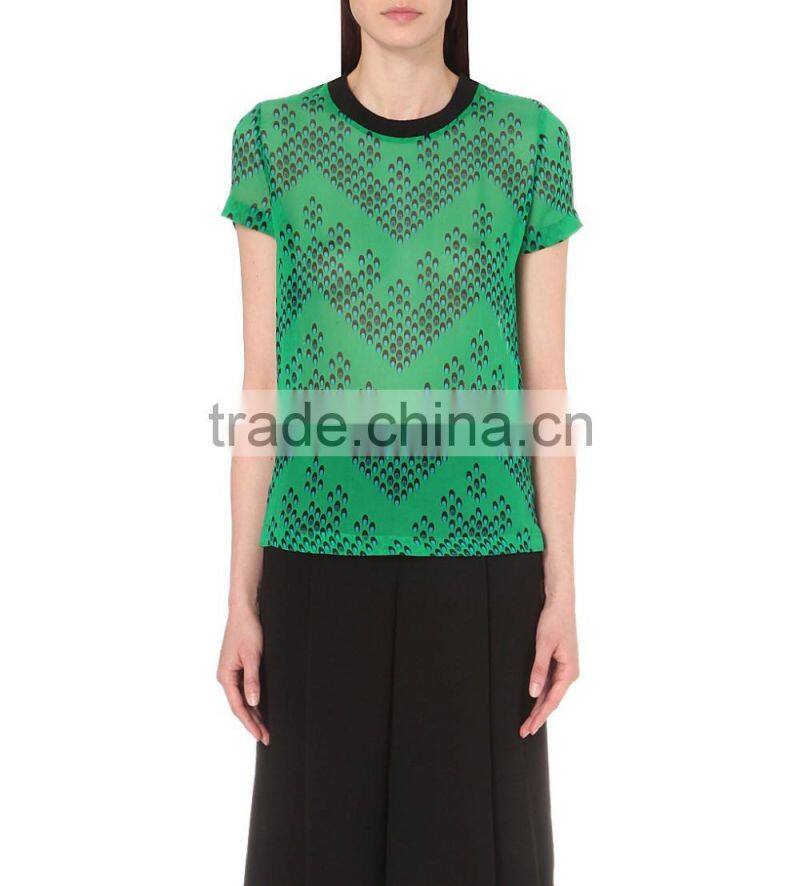 Wholesale Women Green Short Sleeves Round Neck Sheer Silk Top(DQE0092T)