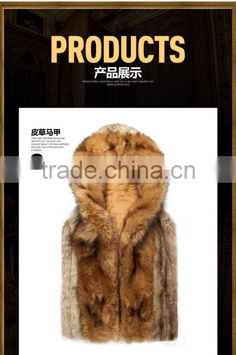 2015 hot sale Europe style men's fashion faux rabbit fur with hat waistcoat jacket