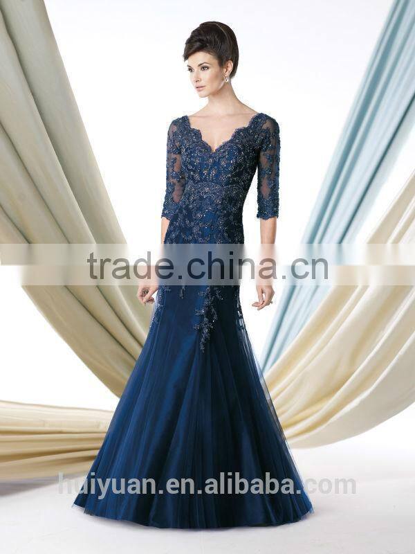 2015 new royal blue lace long sleeve v neck mother fashion dress