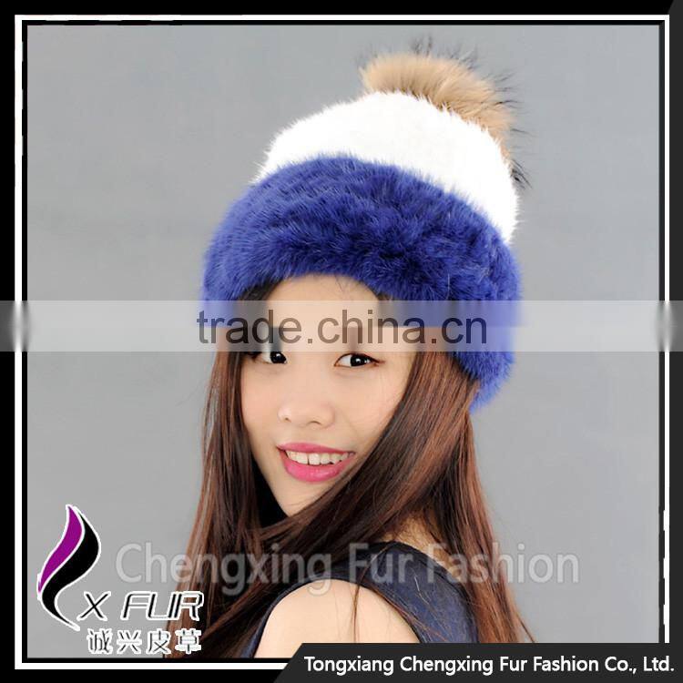 CX-C-235N New Design Knitted Animal Mink Fur Pom Pom Beanie Hats Wholesale