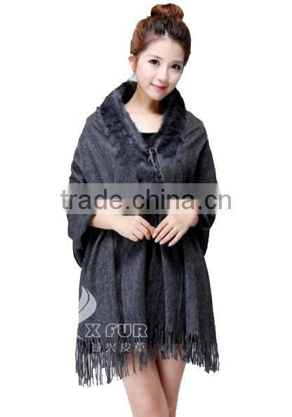 CX-B-P-34A Fur Trimmed Cape Fashion Fur Pashmina Shawl