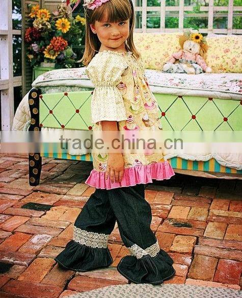 fashion wholesale Baby denim ruffle pants 100% cotton kid clothes