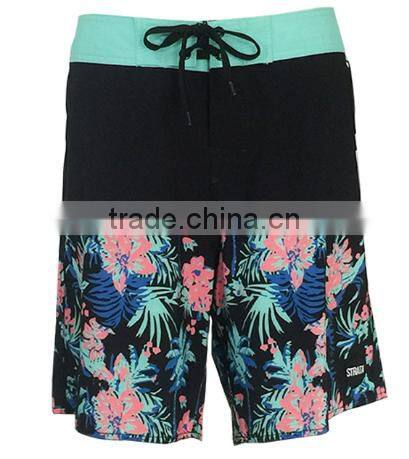 Custom design beachwear mens flower print 4-way stretch board shorts