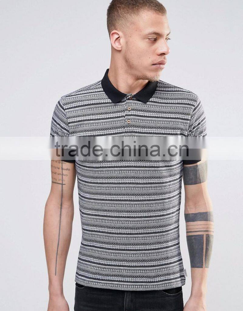 Best Sell Custom Men Short Sleeve Striped Yarn Dyed Classic Collar Polo Shirt With All Over Aztec Print Custom Logo
