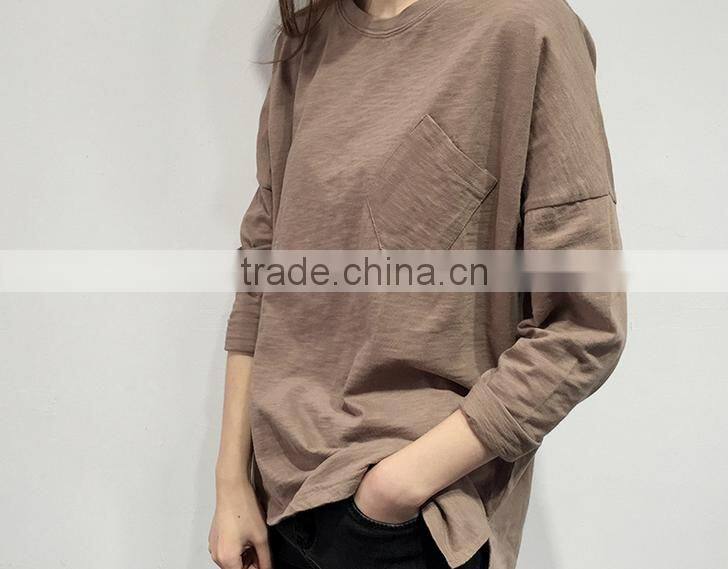 2016 new fashion long sleeve casual women t-shirt with pocket wholesale
