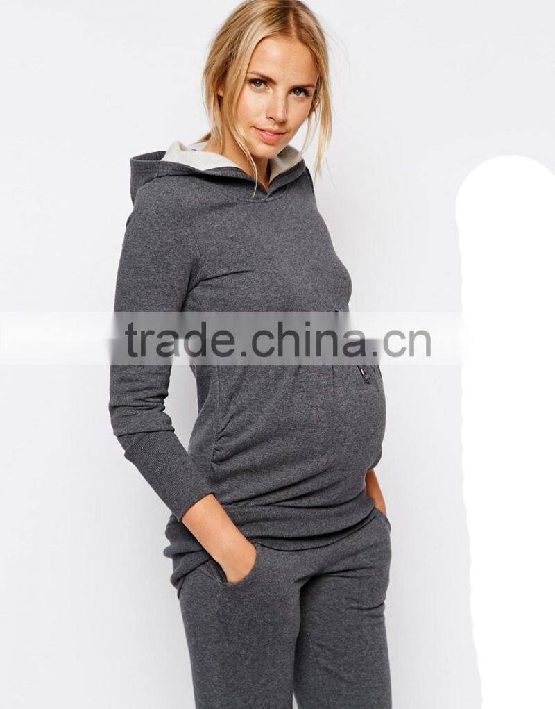 Relaxed fit longline cut hooded sweatshirt for all stages of pregnancy