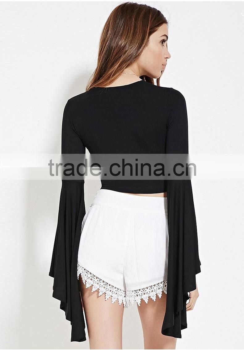 Women's fashion deep V neck sexy trumpet sleeve t shirt wholesale