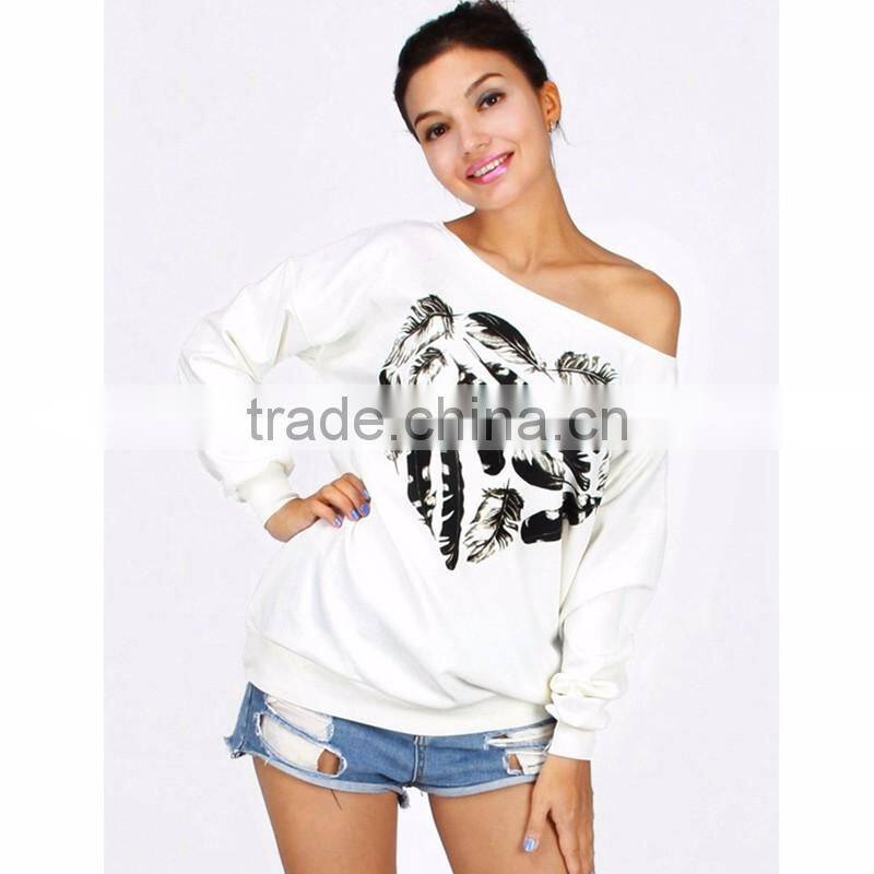Cheap Ladies Street Wear White Asymmetrical Neck Sweatshirt with Pattern
