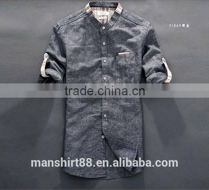 2016 new style roll up sleeve Mandarin collar linen cotton shirts for men