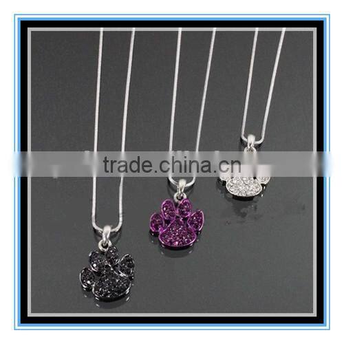 2015 fashion colorful crystal paw print necklace with snake chain