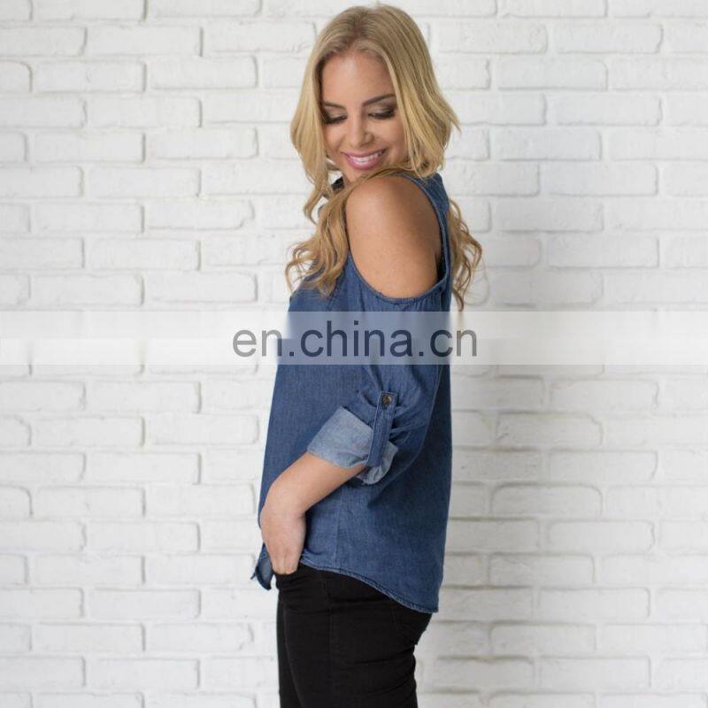 2017 Denim Chambray Cold Shoulder Summer Blouse Women