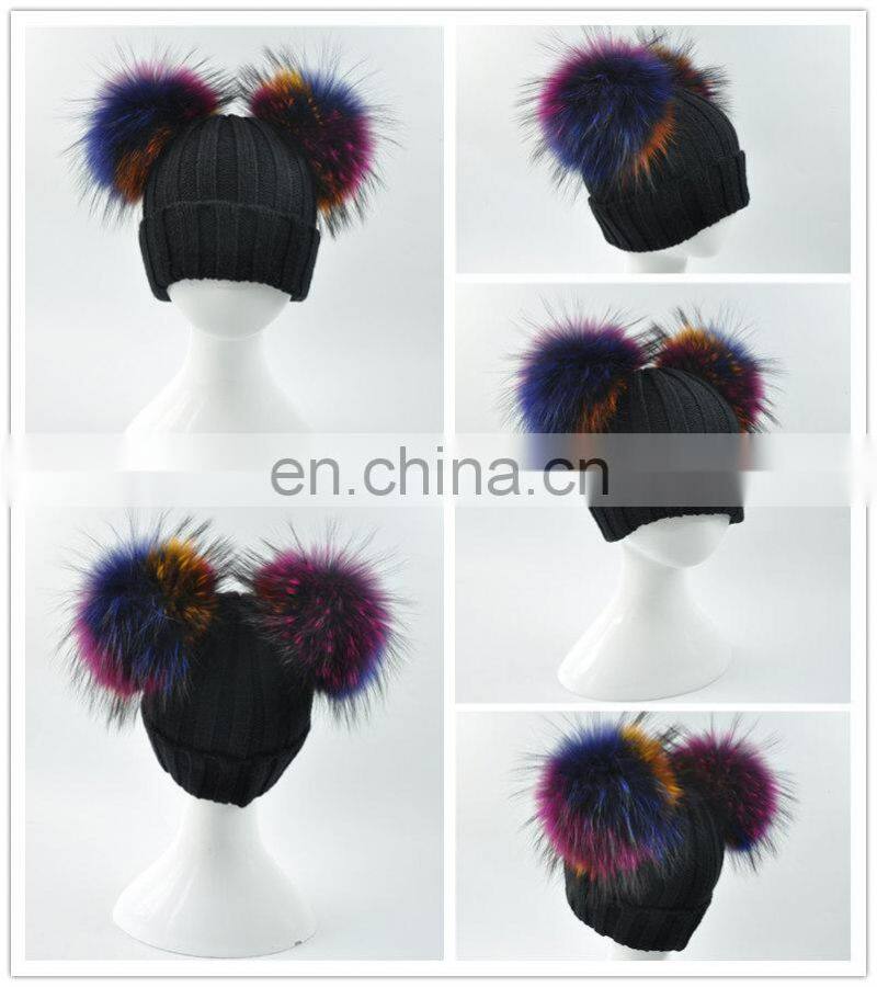 Wholesale Custom Colorful Double Poms Hat Winter Newest Cute Kids Hats Knitting Beanie Hat Kids