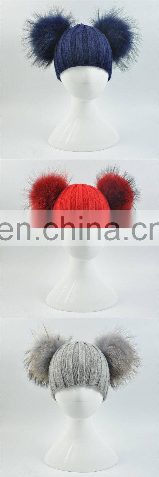 Brand Cute Baby Crochet Hats and Caps with Two Real Raccoon Fur Balls Top Color Matching Hat
