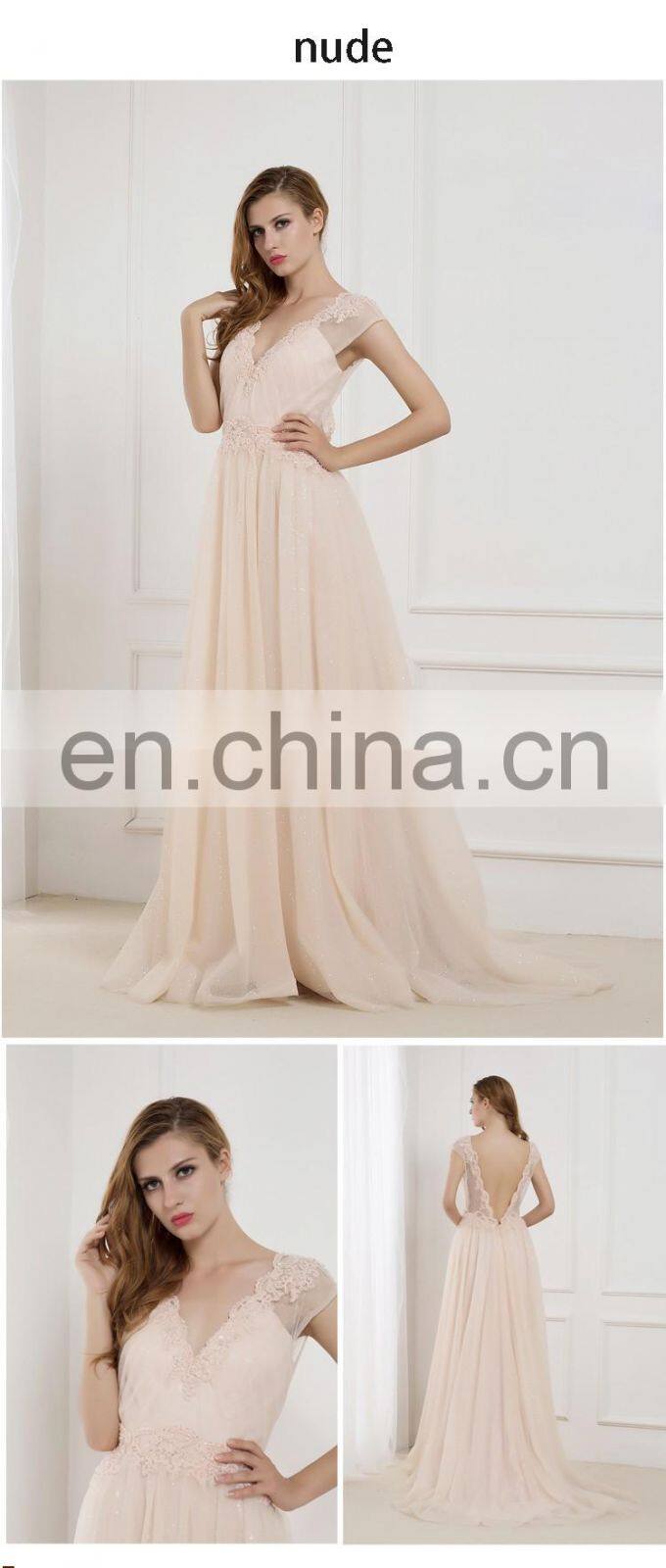 C5012 V-Neck Cap Sleeve long Length Lace evening dress for Wedding 2016