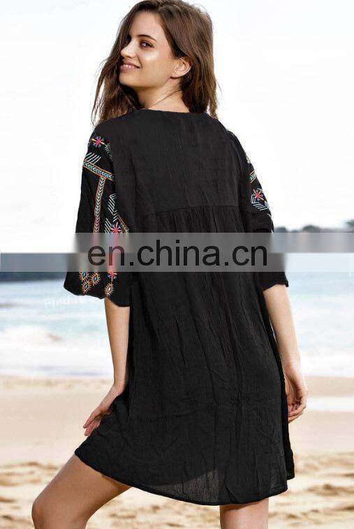 2019 Black Bohemian Embroidered Summer Beach Wear Cover-ups Cotton Tunic Women Sexy Mini Dress Swimsuit Cover Up Sarongs