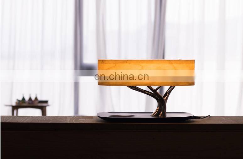 MESUN tree lamp Wooden bedroom Desk Touch dimming Led Wireless Phone Charger Night Lamp With Blue Speaker