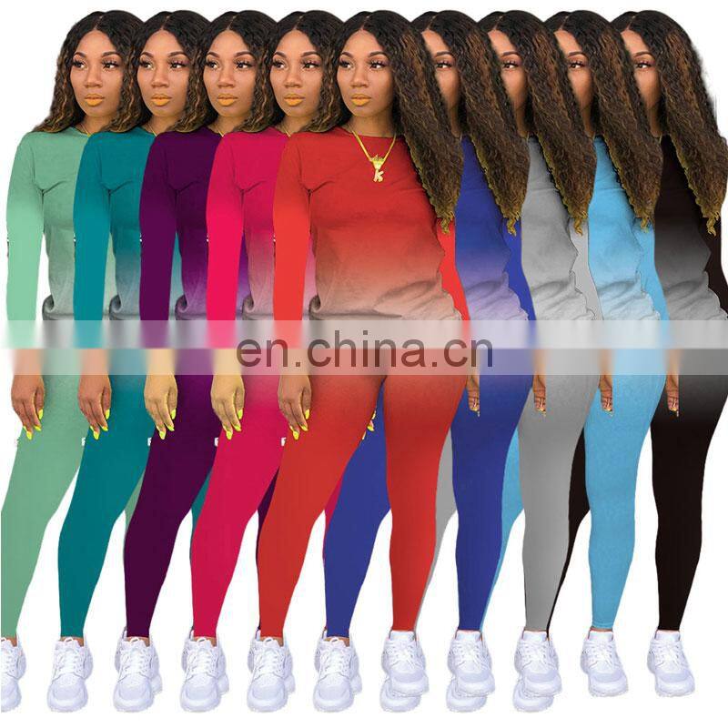 Wholesale custom autumn and winter women's new gradient round neck long-sleeved home casual sports suit jogging stacking pants