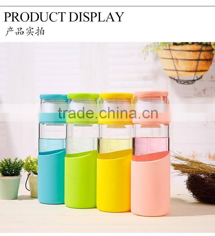 Glass water bottle with handle cap glass water bottle with silicone sleeve