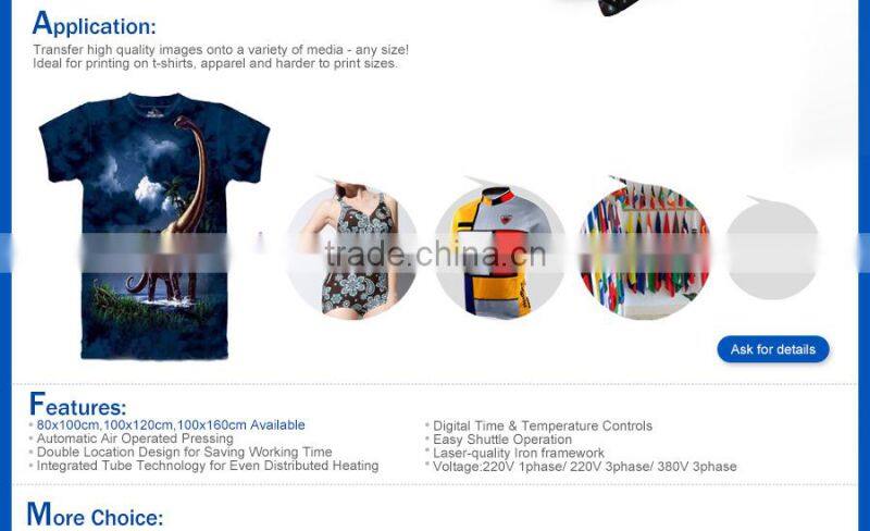 pneumatic Large format 80x100cm,100x120cm, 100x160cm wholesale t shirt heat transfer machine