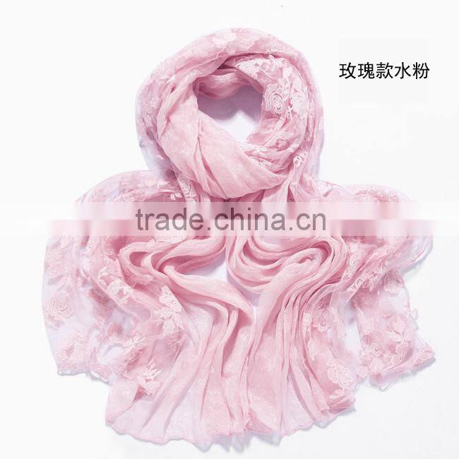 Korea Lady Fashion Flower Embroidery Double Layered Lace Chiffon Scarf