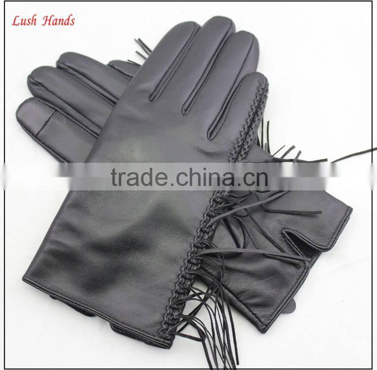 genuine black thin fringed leather gloves with polyester lining