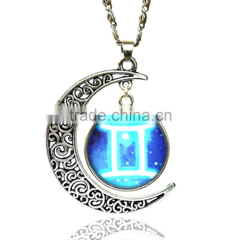 Glass Gemstone Zodiac Sign Pendant Chain Necklace Womens Jewelry