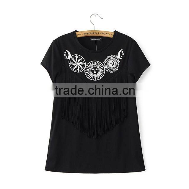 clothing manufacturer printed image black tassel round collar t shirt for girls